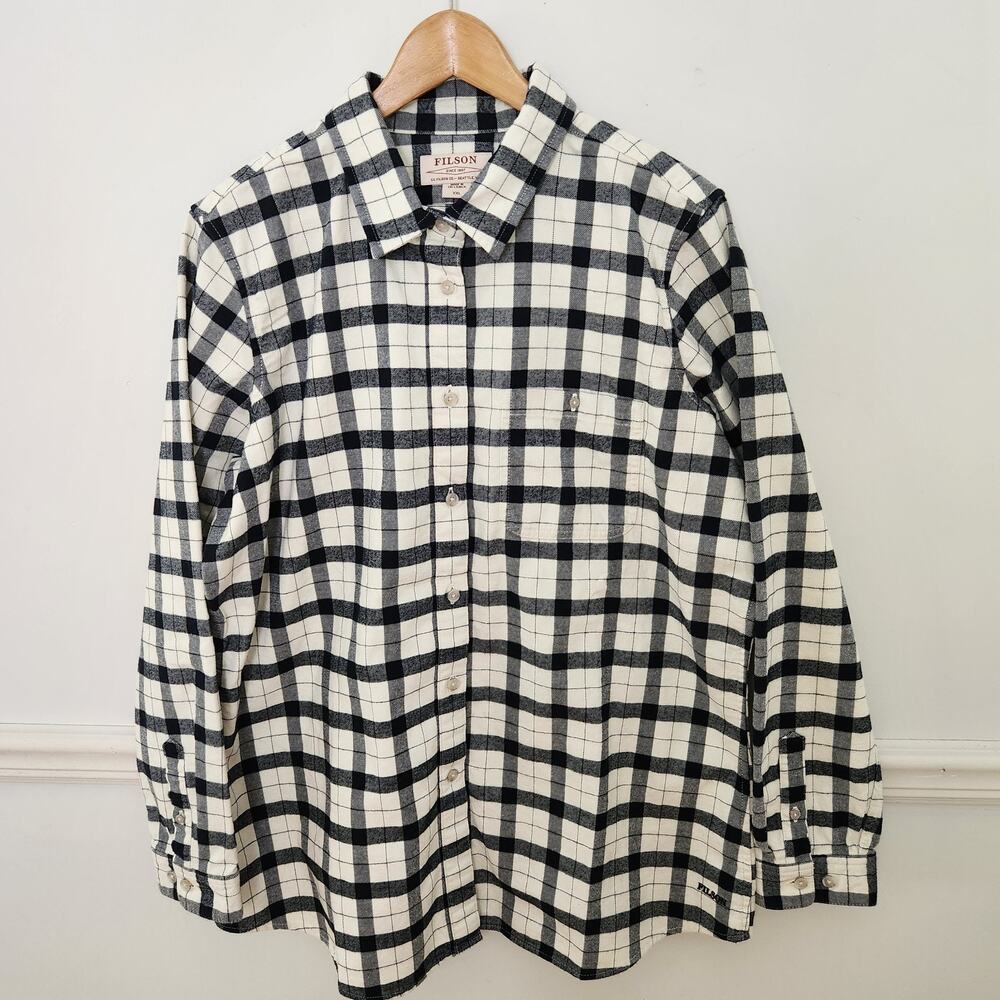 Filson Flannel Shirt XXL Womens Buttonup Alaskan Guide Plaid Black Cream Outdoor
